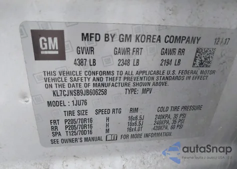 2018 Chevrolet Trax Ls из США, поврежденный, VIN KL7CJNSB9JB606258